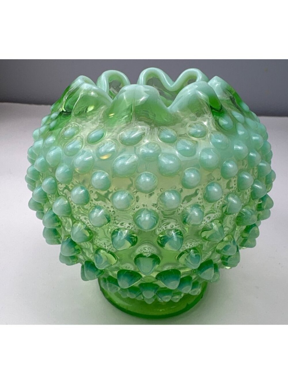 Fenton Green Opalescent Hobnail Vase Ruffled Edge Vintage Elegant Collectible De - Picture 3 of 11